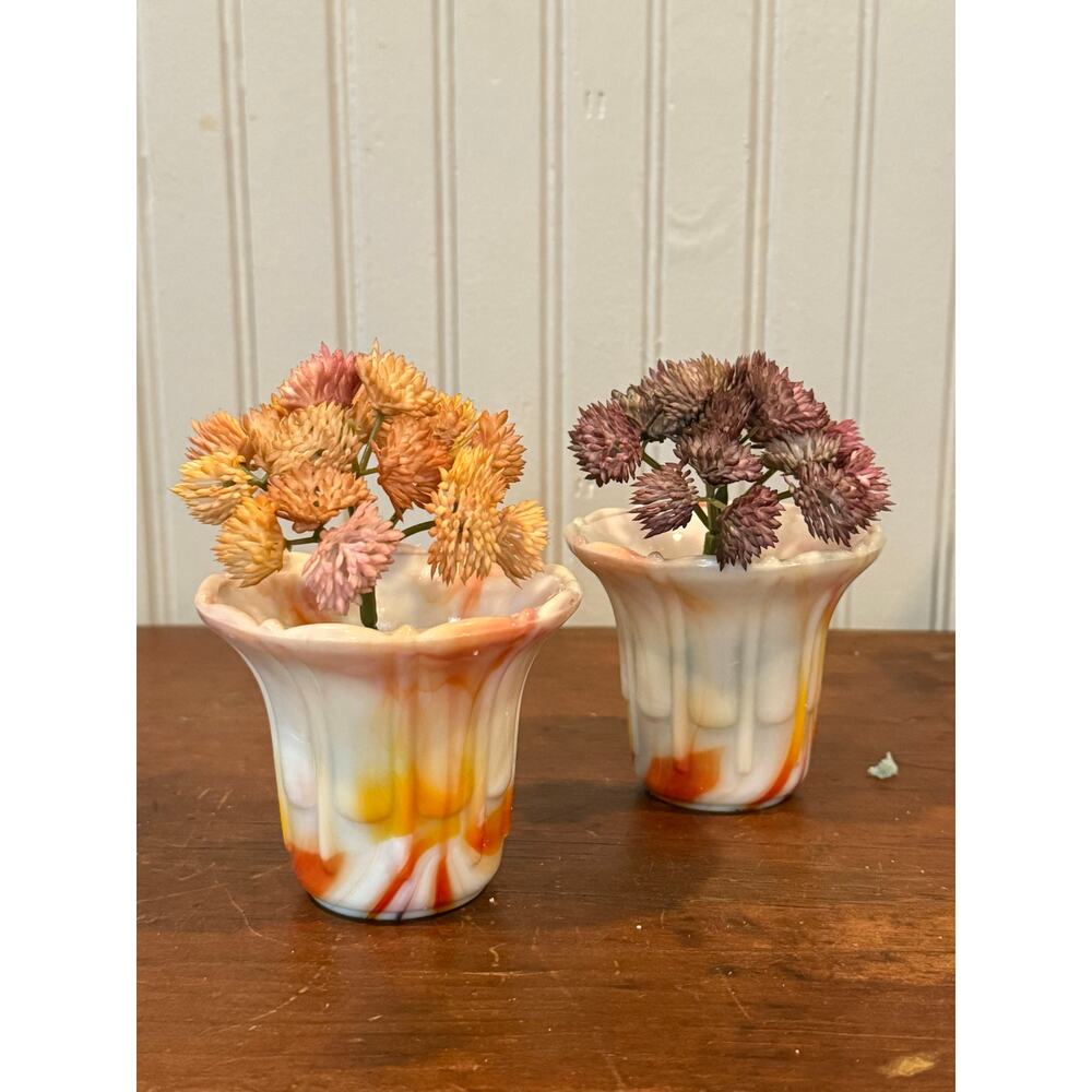 Slag Glass Planters Pair Akro Agate Orange Yellow 1950s Planter Decor